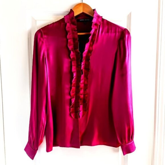 Vintage Anne Klein Maroon Red Pleat Ruffle Front Silk Blouse - Picture 1 of 5